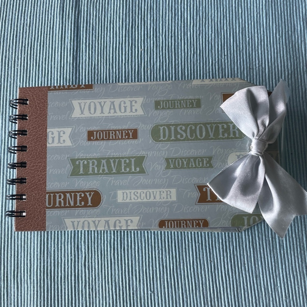 Travel Themed Pre-made Spiral Scrapbook with Bow- picture-ready! 8.25x4.5”